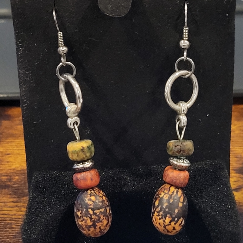 Earrings, Handmade with earth tone wooden beads